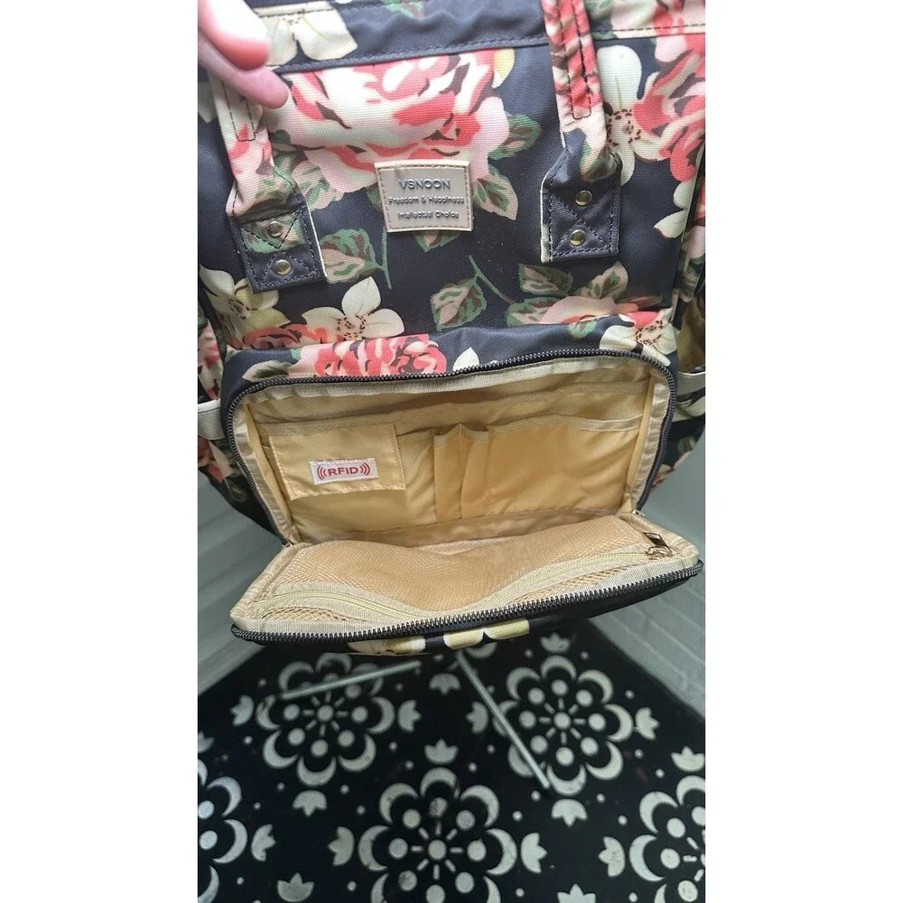 VSNOON Freedom And Happiness Black Floral Backpack Laptop Travel Bag